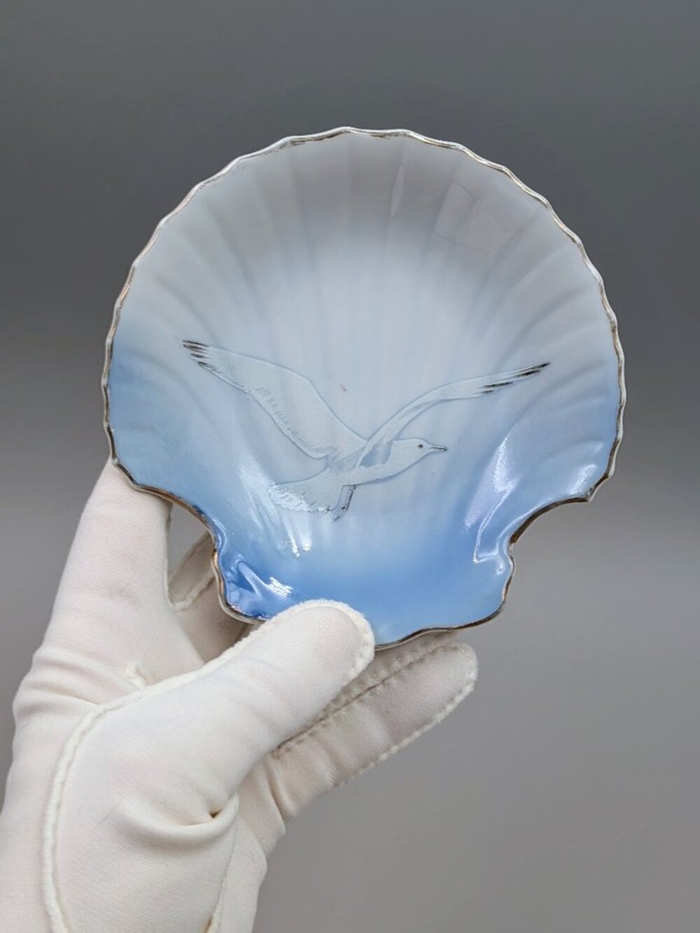 Vintage Penco Japan Porcelain Shell Dish | Blue Ombre Seagull